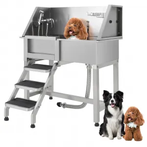 Professional Dog Grooming Tub with Stairs, 38" Stainless Steel Pet Bathing Station for Medium & Small Dogs, Adjustable Height Washing Sink, Soap Box & Faucet, Home/Pet Store Dog Wash Tub