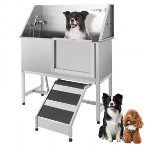 Pet Dog Bathing Station 60" Stainless Steel Grooming Tub with Adjustable Height & Stairs, Soap Box, Faucet for Large to Small Dogs, Home Use