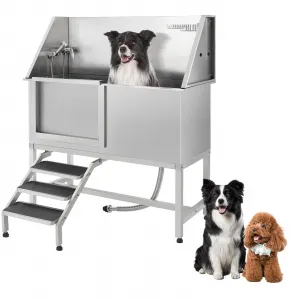 50" Professional Stainless Steel Dog Washing Station with Ramp & Sliding Door, 304 Stainless Steel, Non-Slip Grate & Left Stairs, Grooming Salons & Home Use
