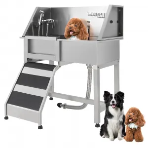 38" Stainless Steel Dog Washing Station with Ramp & Sliding Door, Anti-Slip Grate, Left Stairs, Commercial-Grade, Grooming Salon & Home Use