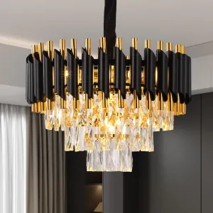 Modern Crystal Chandeliers 3 Tiers Black and Gold Pendant Light Fixtures, 5 Lights Black Modern Chandeliers for Living Room Dining Room Bedroom Kitchen