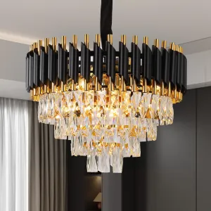 Modern Crystal Chandeliers 4 Tiers Black and Gold Pendant Light Fixtures, 7 Lights Black Modern Chandeliers for Living Room Dining Room Bedroom Kitchen