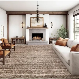 Modern Brown 9x12 Washable Area Rug – Non-Shedding Low-Pile Rug with Soft Hemp Rope Pattern for Living Room