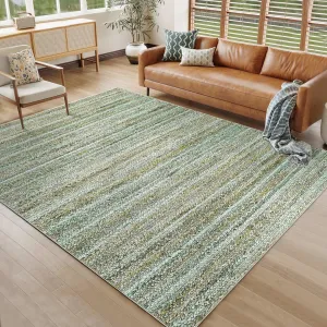 Modern Green Camel 10x13 Rug Washable Large Area Rug Living Room Rug Non-Slip Soft Bedroom Rug Modern Striped Woven Printed Rug Low Pile Modern Rug Non Shedding Netural Rug Colorful Rug