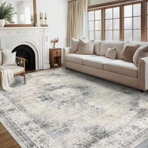 Bedroom Area Rug 5x7 Vintage Distressed Living Room Area Rug Non Slip Low Pile Large Dining Room Rug Soft Medallion Throw Floor Carpet Machine Washable Rugs for Home Office, Sage