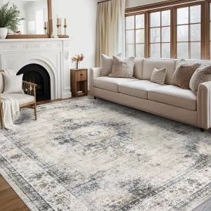Vintage Area Rug 8x10 Large Living Room Area Rug Machine Washable Bedroom Rug Soft Distressed Dining Room Rug Low Pile Non Slip Throw Floor Carpet Medallion Rug for Home Office, Sage