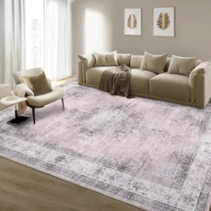 Area Rug 9x12 Washable Rug for Living Room Non-Slip Stain Resistant Large Carpet Vintage Bedroom Rug Soft Floor Cover Low Pile Distressed Throw Rug for Home Decor Office, Blush