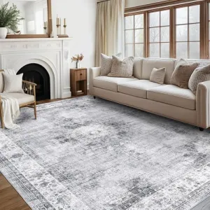 Persian Grey 8x10 Vintage Area Rug – Soft Distressed Medallion Machine Washable Non-Slip Low-Pile Carpet for Living Room, Bedroom, Dining Room, or Home Office, Foldable Rug