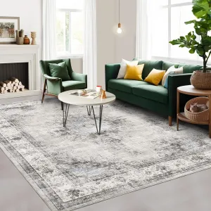 Area Rug 9x12 Washable Rug for Living Room Non-Slip Stain Resistant Large Carpet Vintage Bedroom Rug Soft Floor Cover Low Pile Distressed Throw Rug for Home Decor Office, Beige