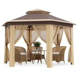 13'x13' Hexagonal Pop-Up Gazebo Tent with Mosquito Netting - 6-Sided Instant Outdoor Canopy, Sun Shelter Pavilion for Patio, Khaki & Beige