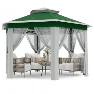 13'x13' Pop Up Screen Tent with Mosquito Netting for Outdoor Patio Pavilion Hexagonal Sun Shelter Beige