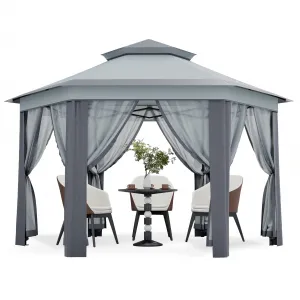 13'x13' Hexagonal Pop-Up Gazebo Tent with Mosquito Netting - 6-Sided Instant Outdoor Canopy, Sun Shelter Pavilion for Patio, Light Grey & Dark Grey