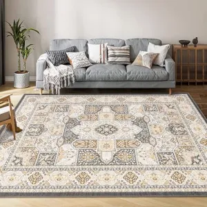 Area Rugs 9x12 for Living Room, Machine Washable Rugs Floor Carpet for Bedroom, Non-Shedding Vintage Rugs for Indoor High Traffic Areas, Low Pile Non-Slip Rug for Dining Room Office Home Decor