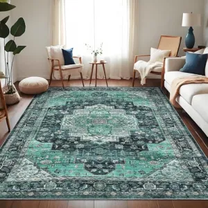 Persian Green 9x12 Machine Washable Area Rugs, Large Indoor Vintage Floor Carpet, Stain-Resistant Soft Low Pile Distressed Accent Carpet with Non-Slip Backing for Living Room, Bedroom, Green
