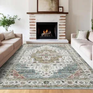 Persian Camel Green 5x7 Vintage Machine Washable Area Rug – Non-Slip, Stain-Resistant Oriental Low-Pile Carpet, Distressed Accent Rug for Bedroom, Office, Laundry, Camel Green