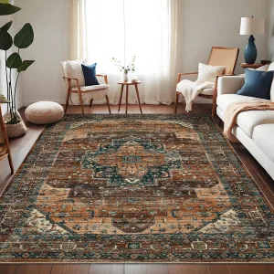Persian Brown 5x7 Area Rugs, Machine Washable Vintage Printed Soft Low Pile Rugs, Oriental Accent Carpet with Non-Slip Backing, Stain-Resistant Distressed Floor Carpet for Living Room, Hallway, Laundry
