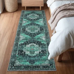 Persian Green 2x6 Area Machine Washable Vintage Printed Soft Low Pile Rugs, Oriental Accent Carpet with Non-Slip Backing, Stain-Resistant Distressed Floor Carpet for Living Room, Hallway, Laundry