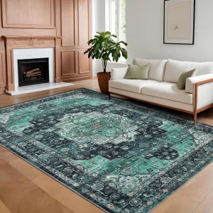 Persian Green 5x7 Machine Washable Area Rugs, Vintage Floor Carpet with Non-Slip Backing, Stain-Resistant Oriental Soft Low Pile Carpet, Distressed Accent Carpet for Laundry, Bedroom, Office, Green