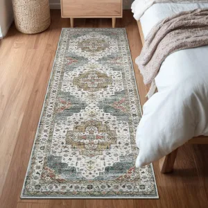 Persian Camel Green 2x6 Area Rugs, Machine Washable Vintage Printed Soft Low Pile Rugs, Oriental Accent Carpet with Non-Slip Backing, Stain-Resistant Distressed Floor Carpet for Living Room, Hallway, Laundry