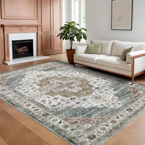 Persian Camel Green 10x13 Area Rugs, Large Machine Washable Oriental Carpet for Living Room, Non-Slip Vintage Floor Carpet, Stain-Resistant Soft Low Pile Distressed Accent Rugs for Bedroom, Camel Green
