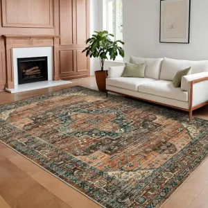 Persian Brown 10x13 Area Rugs, Large Machine Washable Oriental Carpet for Living Room, Non-Slip Vintage Floor Carpet, Stain-Resistant Soft Low Pile Distressed Accent Rugs for Bedroom