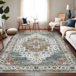 Persian Camel Green 4x6 Area Rugs, Machine Washable Vintage Printed Soft Low Pile Rugs, Oriental Accent Carpet with Non-Slip Backing, Stain-Resistant Distressed Floor Carpet for Living Room, Hallway, Laundry