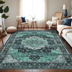 Persian Green 10x13 Area Rugs, Machine Washable Vintage Printed Soft Low Pile Rugs, Oriental Accent Carpet with Non-Slip Backing, Stain-Resistant Distressed Floor Carpet for Living Room, Hallway, Laundry