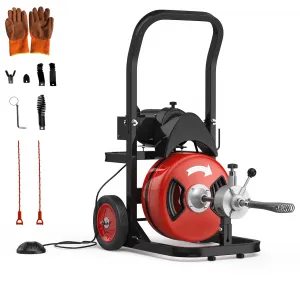 Drain Cleaning Machine,450w Auto Feed Portable Electric Sewer Snake,75Ft 1/2 Inch Cable Electric Drain Auger, Auto-Feed System & Wheels, 6 Cutters & Air-Activated Foot Switch for 2"-4" Pipes