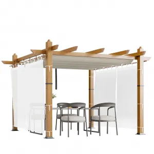 10x10 Ft Retractable Outdoor Pergola with Canopy and Side Mesh, Upgraded Wood-Grain Aluminum Pergola, Modern Pavilion for Backyard, Patio, Porch, Grape Trellis, Beige+White
