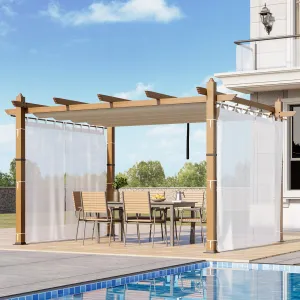 10x13 Ft Retractable Outdoor Pergola with Canopy and Side Mesh, Upgraded Wood-Grain Aluminum Pergola, Modern Pavilion for Backyard, Patio, Porch, Grape Trellis, Beige+White