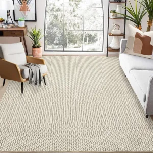 Modern printed weave pattern 9x12 Beige Area Rug – Washable, Low Pile, Foldable Textured Rug for Living Room, Office, Farmhouse Accent Carpet
