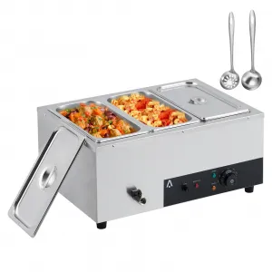 1500W Commercial 3-Pan Food Warmer - Stainless Steel, 86-185°F Temperature Control, 8QT Pans with Safety Features for Catering and Restaurant Use