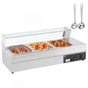 Commercial Buffet Warmer with 3 x 12QT Food Pans - 1500W Electric Steam Table, Tempered Glass Cover, Adjustable Temperature Control (86-185°F), Stainless Steel Design