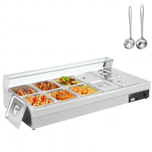 Commercial Food Warmer 12QT*10 with Stainless Steel Steam Table - 1800W Electric, 6-Inch Deep, Food Grade, Tempered Glass Shield, Ideal for Catering and Buffets