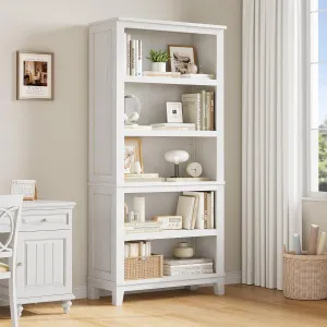 71" Farmhouse Bookcase w/Adjustable Shelves & 31.5" Width, 5 Tier Tall Bookshelf with Wooden Legs, Rustic Vintage Book Shelf for Living Room Office Library, White