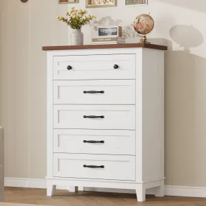 5 Dresser for Bedroom, 41.3 in Tall Vertical Drawer Dresser with Large Storage, Freestanding Wooden Closet Chest for Bedroom, Living Room, White + Brown Top