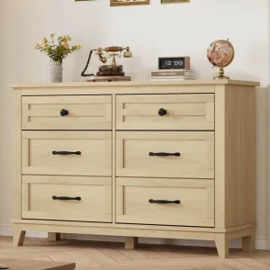 Wide 6 Drawer Dresser for Bedroom, 47" Farmhouse Wooden Chestwith Storage Freestanding, Wooden Closet Storage Chest for Living Room, Bedroom, Entryway, Natural Oak