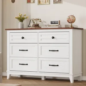 Wide 6 Drawer Dresser for Bedroom, 47" Farmhouse Wooden Chestwith Storage Freestanding, Wooden Closet Storage Chest for Living Room, Bedroom, Entryway, White + Brown Top