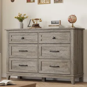 Wide 6 Drawer Dresser for Bedroom, 47" Farmhouse Wooden Chestwith Storage Freestanding, Wooden Closet Storage Chest for Living Room, Bedroom, Entryway, Ash Gray