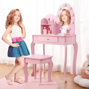 Kids Vanity with Light, Pink Girls Vanity Set with Mirror, Stool Drawer and Pretend Makeup Playset, Wooden Princess Makeup Desk Dressing Table, Toddler Vanity (Batteries Not Included)