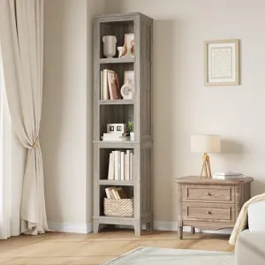 Narrow Bookcase 5 Tier Corner Bookshelf Wooden Farmhouse Bookshelves Rustic Vintage Etagere Oak for Home Office, Living Room, Bed Room,Grey
