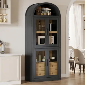 Arched Pantry Cabinet with Doors 71.4in Tall Wood Bookcase with 2 Drawers Farmhouse Kitchen Cupboard Modern Display Storage Cabinet for Kitchen, Dining Room, Bathroom