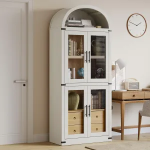 Arched Pantry Cabinet with Doors 71.4in Tall Wood Bookcase with 2 Drawers Farmhouse Kitchen Cupboard Modern Display Storage Cabinet for Kitchen, Dining Room, Bathroom