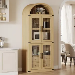 Arched Pantry Cabinet with Doors 71.4in Tall Wood Bookcase with 2 Drawers Farmhouse Kitchen Cupboard Modern Display Storage Cabinet for Kitchen, Dining Room, Bathroom