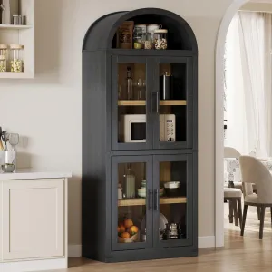 Arched Bookshelf with Doors Farmhouse Bookcase 15.83in Depth Display Storage Shelves 71.4in Tall Wooden Display Cabinet Rounded Bookcases for Living Room, Kitchen, Office
