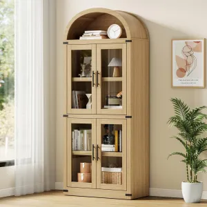Arched Bookshelf with Doors, 71.4" Tall Wooden Display Cabinet Rounded Bookcases, Farmhouse Bookcase with 15.8" Depth Display Storage Shelves for Living Room, Kitchen, Office