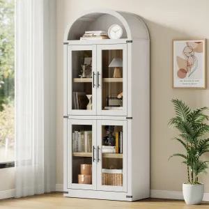 Arched Bookshelf with Doors Farmhouse Bookcase 15.83in Depth Display Storage Shelves 71.4in Tall Wooden Display Cabinet Rounded Bookcases for Living Room, Kitchen, Office