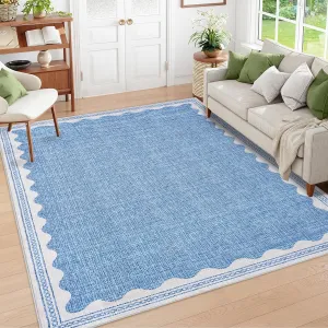 Modern Blue 8x10 Scalloped Washable Area Rugs for Living Room, Solid Rug for Bedroom Girls, Non Slip Throw Carpet With Rubber Back, Soft Dorm Nursery Scalloped Rugs for Dining Room