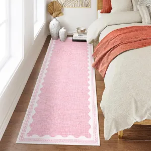 Modern Pink 2x6  Scalloped Rug Runners for Hallways, Solid Runner Rug Non Slip Scalloped Bath Runner, Washable Rugs for Bedroom Girls, Rugs for Kitchen Floor Soft Dorm Nursery Carpet for Bedside