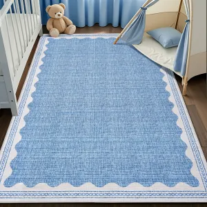 Scalloped Blue 3x5 Area Rug Washable Non-Slip Low-Pile Indoor Rug Solid Blue Modern Minimalism Carpet for Bedroom Living Room Kitchen Bathroom Door Mat